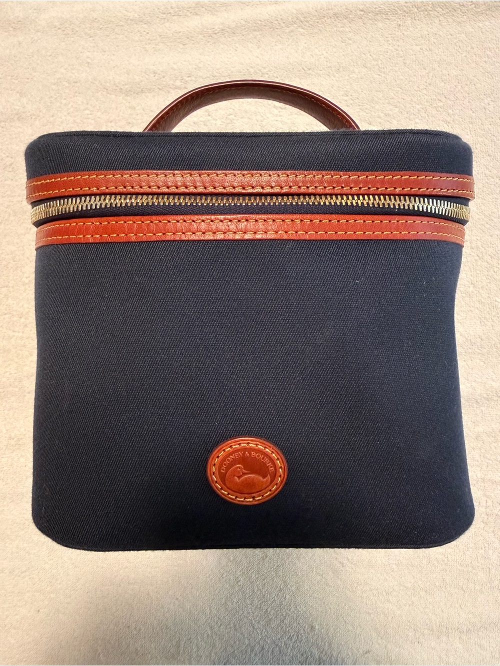 Dooney & Bourke Navy Canvas Toiletry Case with Brown Leather Trim